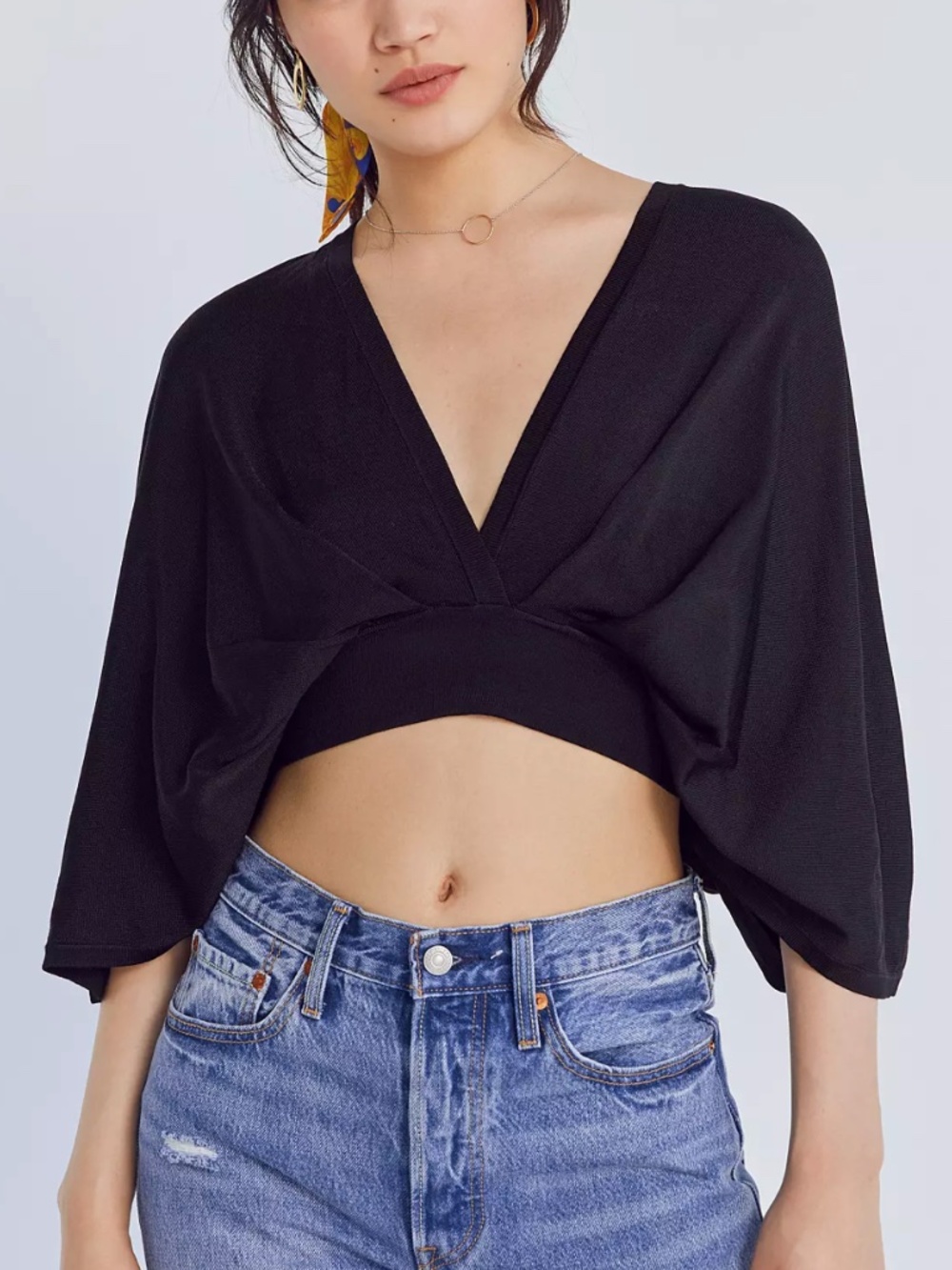 Kimchi Blue Flowy Surplice Shine Sweater Black Dolman Crop Top Size Medium Urban